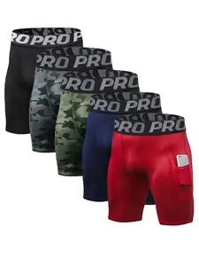 PRO Men's Compression Shorts with Phone Pocket - 5 Pack, Cool Dry, 4-Way Stretch, Moisture-Wicking, High Waisted, for Running, Gym, Yoga, Athletic Wear
