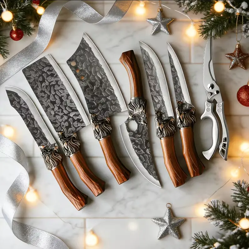 Retro Hammer Forging Chef Knife Kit | Heavy duty Meat Cutting Knife with Ergonomic Wooden Handle Sharp Kitchen Knife, Suitable for Home Kitchen and Backyard Barbecue, housewarming, Birthday, Festival Premium Gifts