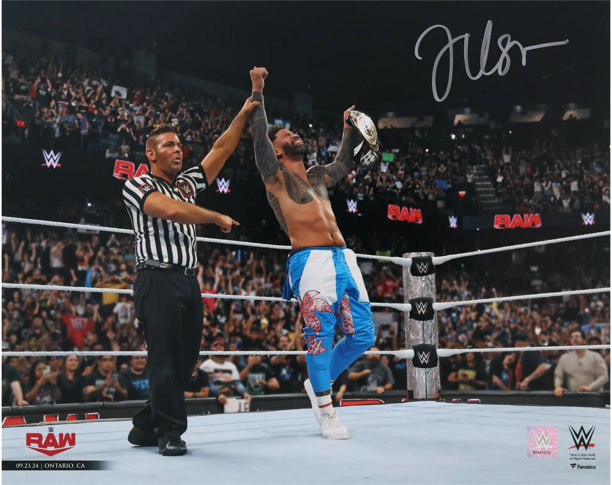 Jey Uso WWE Autographed 16" x 20" Raising Intercontinental Championship Photograph - Fanatics Authentic Certified