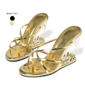 Women's metallic open-toe slip-on high-heeled sandals with tiger teeth and shark teeth chunky heels