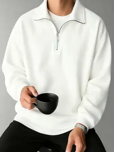 Men's Half-Zip Stand Collar Sweatshirt, Vintage American Style, Heavyweight Fabric, Loose Fit Casual Wear for Fall & Winter