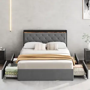 Queen Size Velvet Upholstered Spacious Bed Frame - Platform with 4 Storage Drawers, Charging Station, and Wood Slats, No Box Spring Needed, Spacious Bed Frames