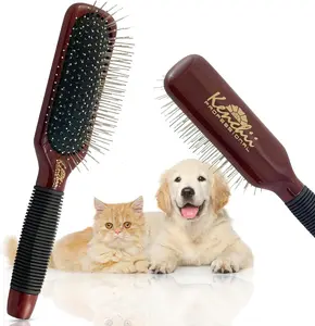 Kenchii Pet Grooming Metal Pin Brush | Solid Wood, Non-Slip Grip Detangling and Shedding Tool for Long or Short Haired Pets - Large Oblong Size