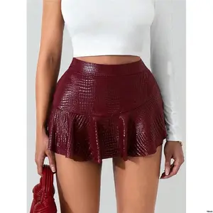 SirithNewWineRedTexturedLeatherLookSkirtPantsForWomen