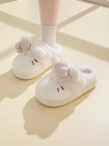 Women's Cute Cartoon Embroidery Bow Decor Plush Slippers, Casual Soft Comfortable Home Slippers, Thick Sole Warm Slippers for Indoor & Outdoor Use for Fall & Winter