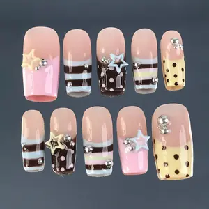 D5 - Sweet Candy Star Press-On Nails, Pastel Pink Chocolate Stripe Mix with 3D Star Charms and Dot Details, Glossy Cute Handmade Nail Set for Y2K Playful Vibes, Everyday Nails, Gift for Her, Everyday Nails
