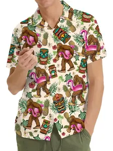 Sasquatch Tropical Floral Cuban Collar Blouse, Short Sleeve Button Front Shirt, Casual Slim-Fit Beachwear, Unique Summer Vacation Top, Art Print Shirt