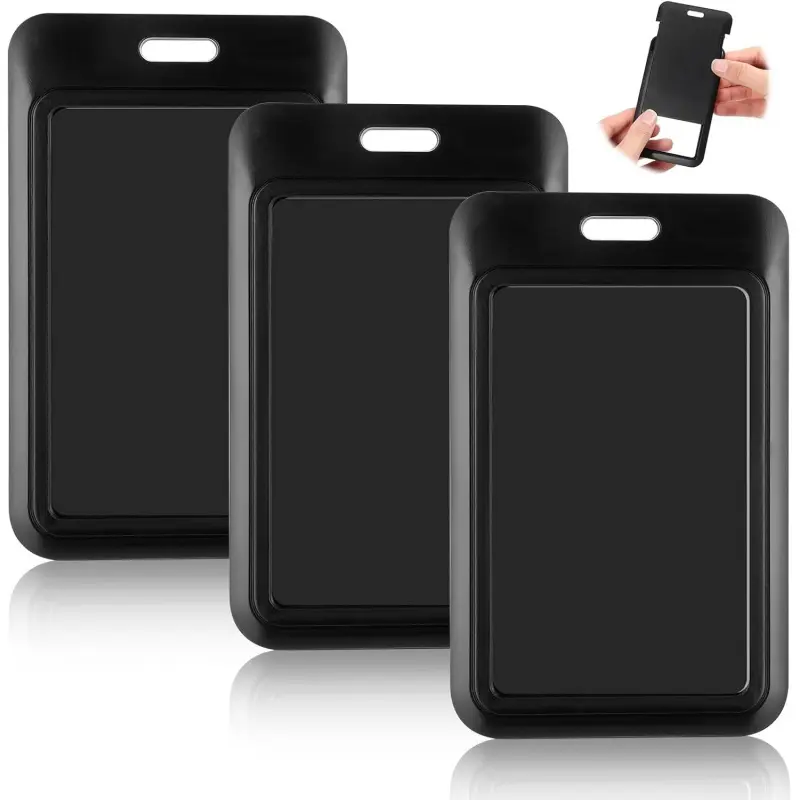 3 Pcs Sliding ID Badge Holders Plastic Card Case Protector Pouch Black Plastic Vertical ID-Card Holder with Clear Window for Office Conference ID Credit Cards Proximity Key Cards Id Holders for Badges
