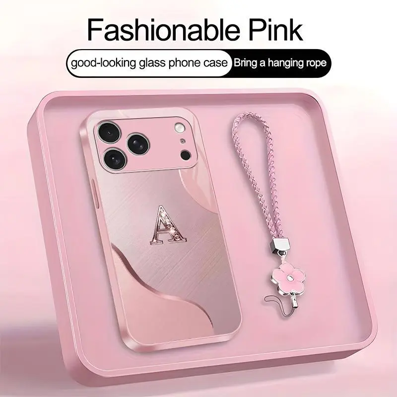 Wave Art 26 letter Phone Case, Suitable for [iPhone 17 Pro Max] high-end women's, Lanyard a beautiful four-leaf clover lanyard is included🍀 952