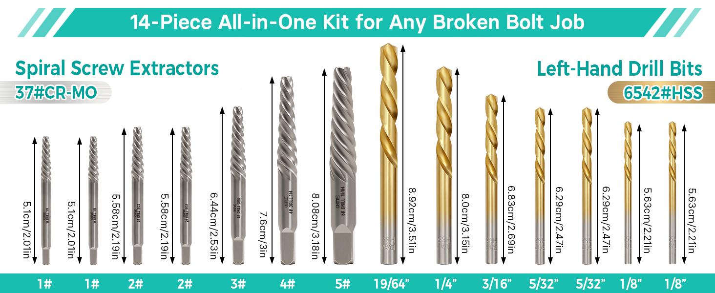 14Pcs Screw Extractor & Left-Hand Drill Bit Set - 35# Cr-Mo Steel, 6542 HSS Coated, Stripped Screw & Broken Bolt Remover Easy-Out Tool for Automotive, Home Repair