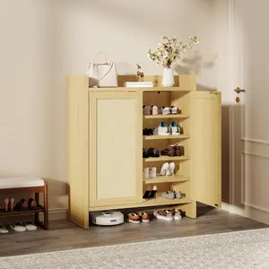 YJ-Garvee Rattan Shoe Cabinet, 5-Tier and 2-Door Shoe Storage with Adjustable Shelves, Modern Farmhouse Wooden Organizer with Cane Accent, Suitable for Entryway, Hallway, Living Room in Light Oak and Dark Oak
