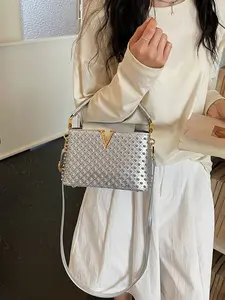 Elegant Pearl-Decorated Handbag, Rhombus Design, V-Shaped Metal Buckle, Crossbody & Evening Bag, Versatile Women's Purse