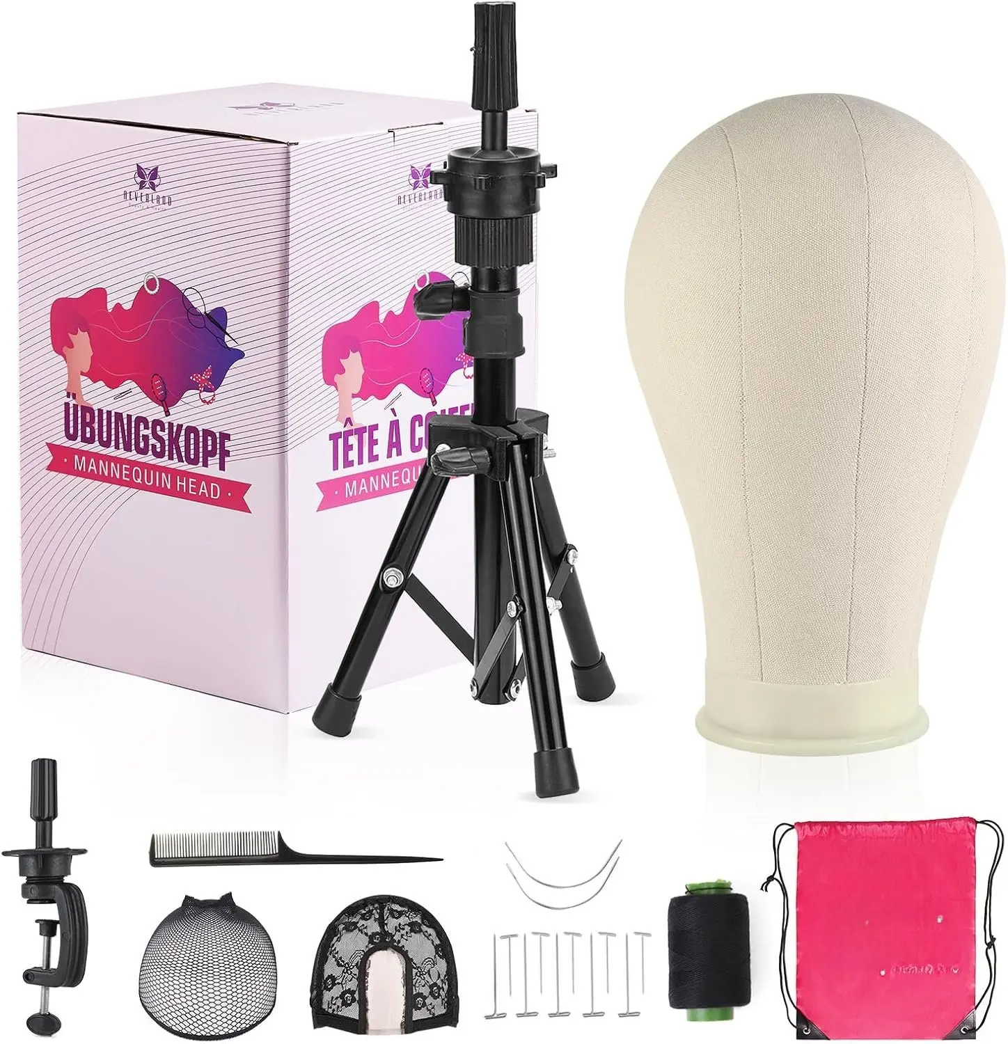 23 Inch Wig ,Wig Stand Tripod with ,Canvas Wig  Stand with Mannequin  for Wigs,Manikin  Block Set for Wigs Making Display with Wig caps,T Pins Set,Bristle Brush