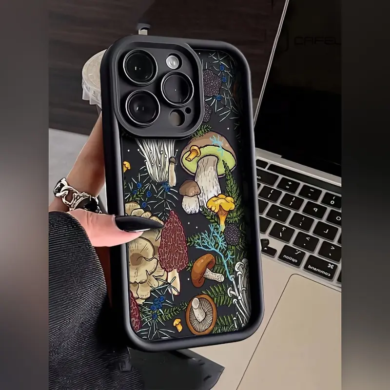 Colorful Mushroom Pattern TPU Protective Phone Case for Apple iPhone - Black for Apple 17PROMAX/16PLUS/16PRO/16/15PROMAX/15PLUS/15PRO/15/14PROMAX/14PLUS/14PRO/14/13PROMAX/13PRO/13/12PROMAX/12PRO/12 11PROMAX/11PRO/11/XSMAX/XS