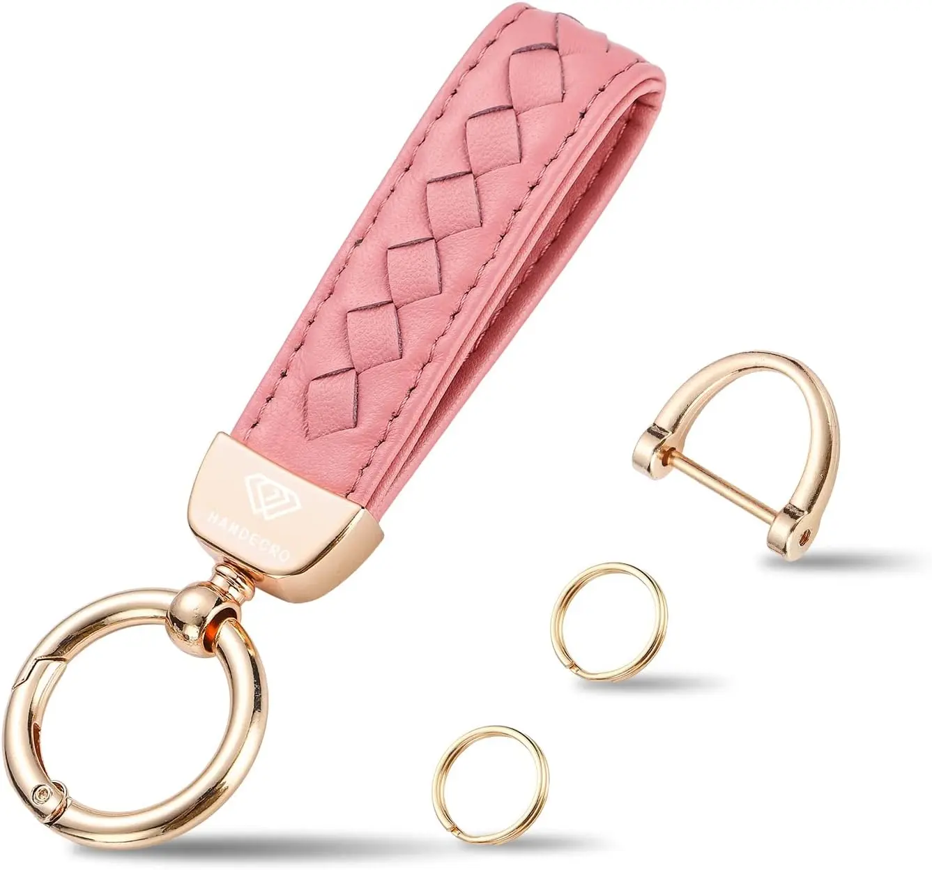 Genuine Leather Car Keychain - Universal Key Fob Holder for Women & Men | Premium zinc alloy, handmade leather wristlet, for car, house & office fobs, anti-lost D-ring, 2 keyrings, Pink