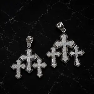 925 Sterling Silver Triple Cross Pendant - Diamond Cut