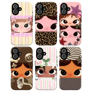 Cute Big Eyes Girl Phone Case – Kawaii Anime Face Aesthetic, Coquette Y2K Girly Style, Leopard Print, Striped & Polka Dot Patchwork, Soft Girl Cartoon Eyes iPhone Case for iPhone 17 16 15 14 13 12 11 Pro Max & Samsung Galaxy, Trendy Viral Phone Cover