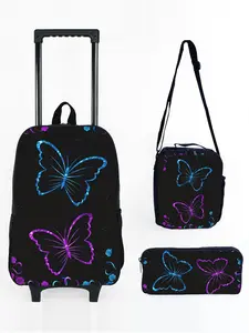 17-inch Rolling Backpack Set with Blue-Purple Butterfly Pattern Print