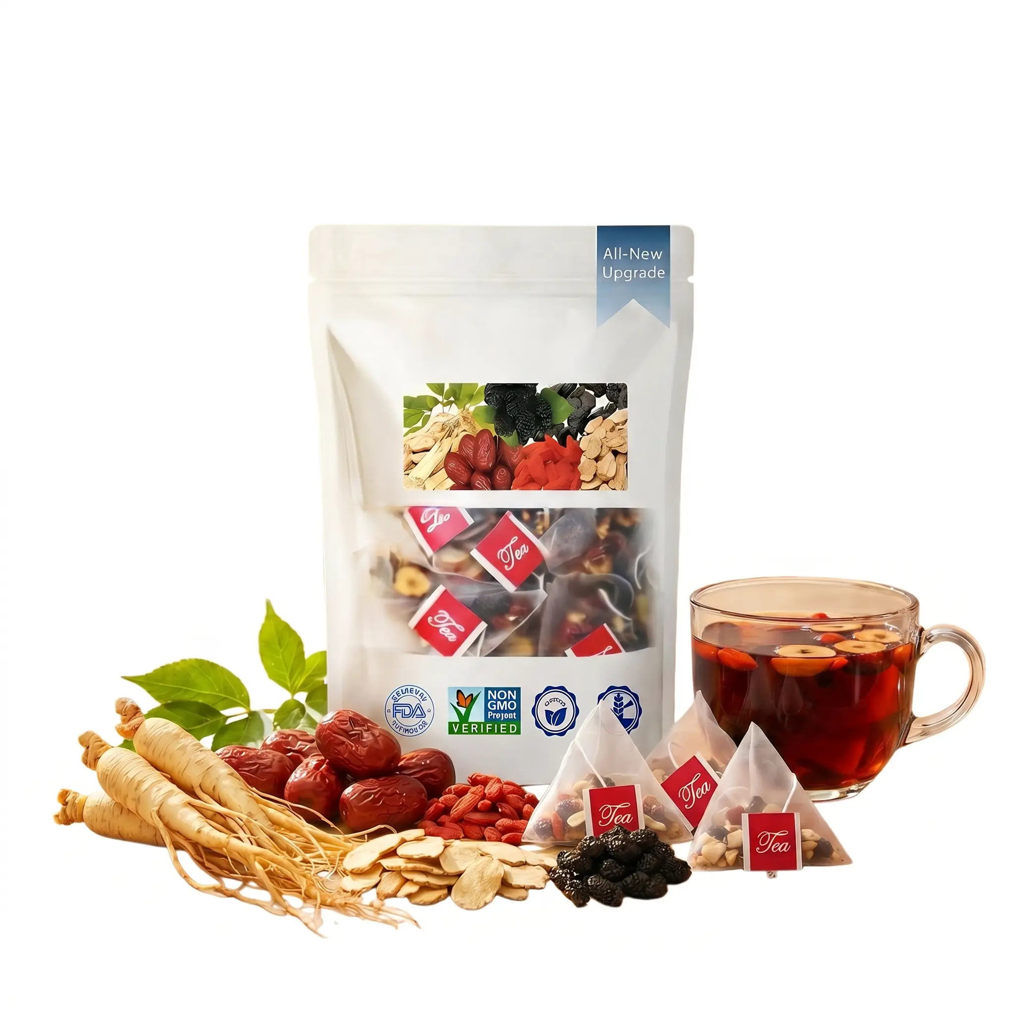 Ginseng Five Treasures Tea - Chinese Herbal Beverage, Energy Booster Drink with Ginseng, Goji Berries, Red Dates, Mulberries, Kidney Support for Adults, Energy Booster Herbal Tea