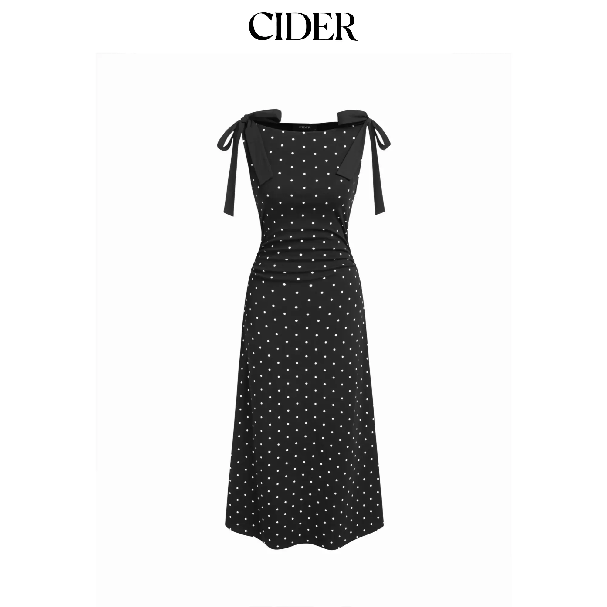 Cider Women's Cotton-Blend Boat Neck Polka Dot Bowknot Midi Dress, Knitting Fabric with Elastane, Twist Detail, High Stretch Feature, Medium Weight, Polka Dot Dress, Casual, Dark Navy, Black Polka Dots
