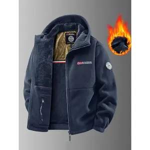 Men's Heavyweight Double Sided Fleece Jacket with Full Zip Closure & Hood Thick Winter Warm Coat, Multi Pocket Design, Machine Washable Polyester for Camping, Hiking, Outdoor Activities Durable Casual Outerwear Non Stretch Fabric Embroidery Detail