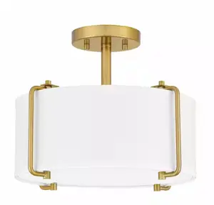LED-mate14 in. 2-Light Brushed Gold Semi-Flush Mount with White Fabric Shade