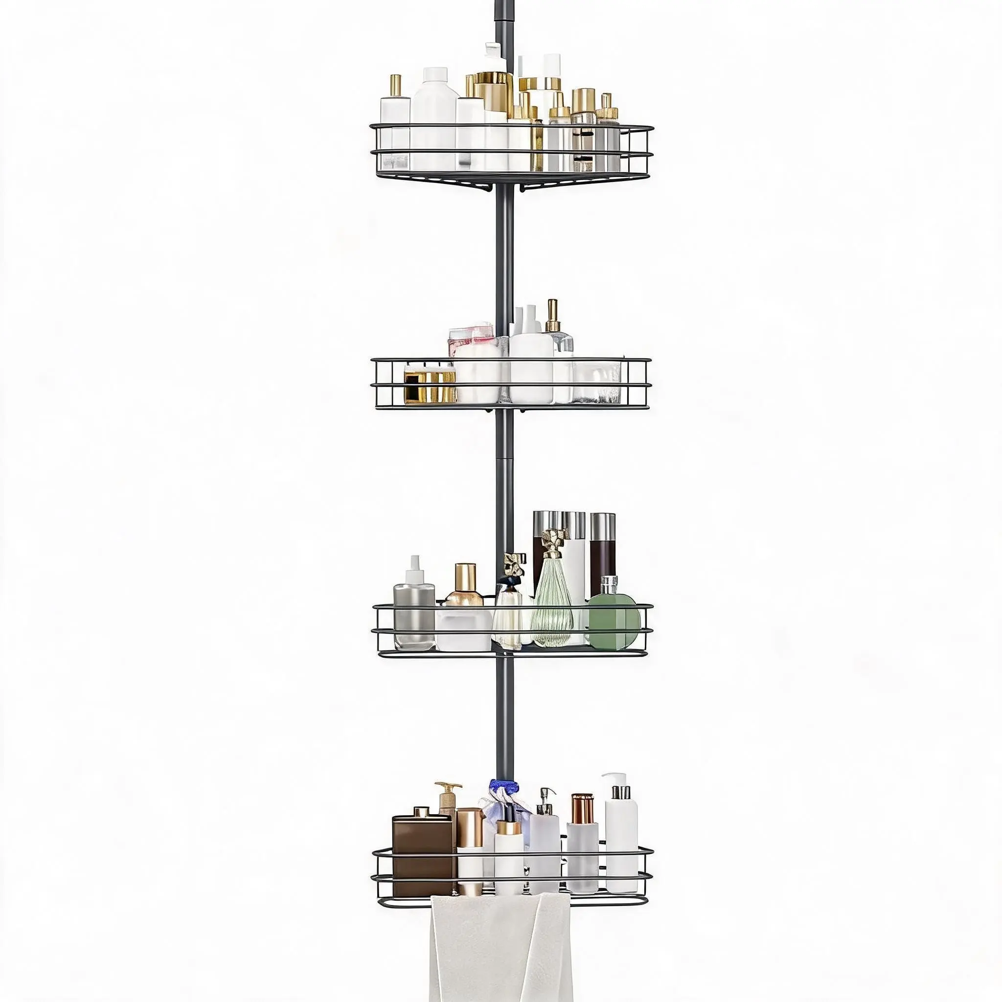 GarveeTension Pole Corner Shower Caddy (Grey) | 4 Tier Adjustable Rust Resistant No Drilling Shower Organizer, Floor to Ceiling Bathroom Storage Shelf 98-110 Inch
