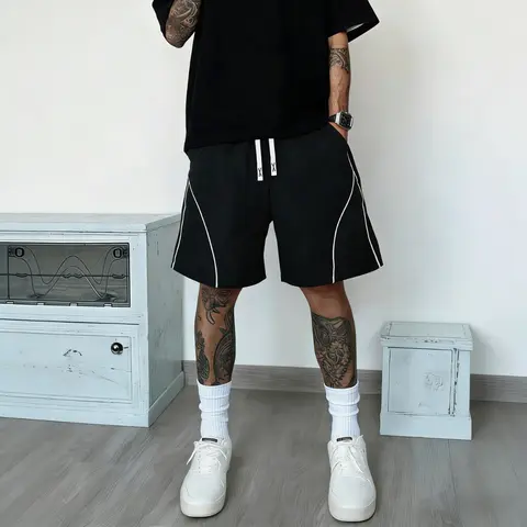 Men's Curved Piping Athletic Shorts - Single Piece Contrast White Stripe Detail, Gym & Training Casual Pants