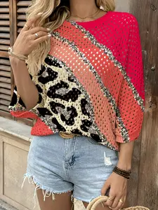 Spring/Summer, round neck hollowed-out bat-sleeved blouse, leopard print ladies knit top with gold trim, holiday style, leisure, casual and elegant commuting, ladies vest blouse, bikini blouse, Bohemian holiday beach blouse, Animal Print Shirt, Womenswear