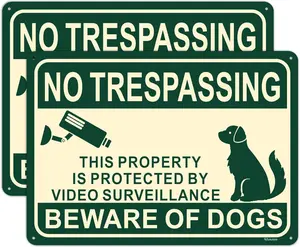 Video Surveillance Beware of Dog No Trespassing Sign 8" x 12" Private Property Signs Dog Warning Protected Security Camera Signs Metal Reflective Rust Free Aluminum 1 Pack