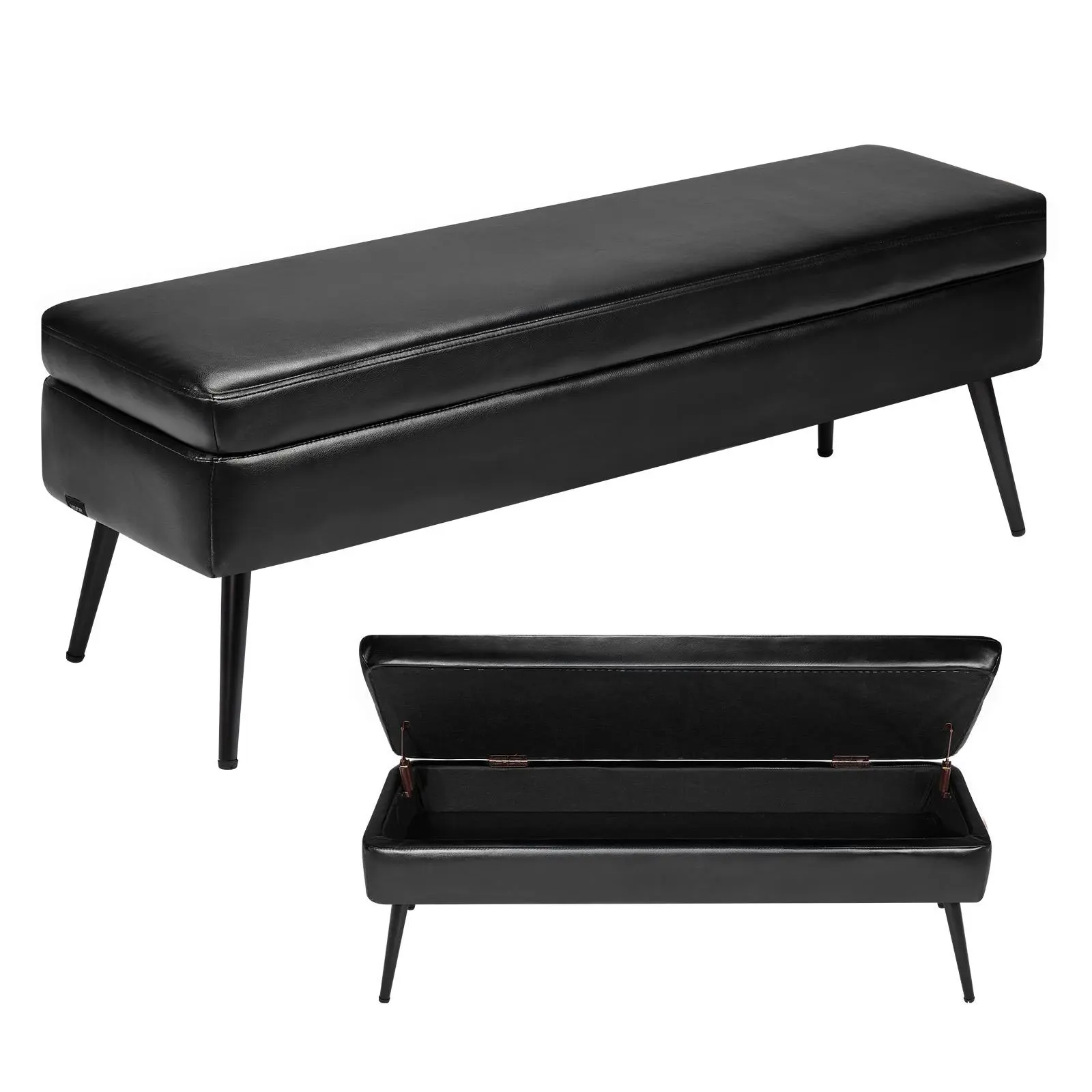 VEVOR Leather Storage Ottoman Bench, PU Leather Bench with Storage and Metal Legs, Modern Shoe Benches Seat for Entryway, Upholstered End of Bed Benches for Living Room, Dining Room, Hallway, Black#BackToSchool