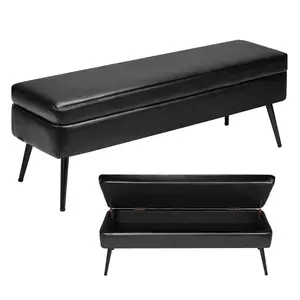 VEVOR Leather Storage Ottoman Bench, PU Leather Bench with Storage and Metal Legs, Modern Shoe Benches Seat for Entryway, Upholstered End of Bed Benches for Living Room, Dining Room, Hallway, Black