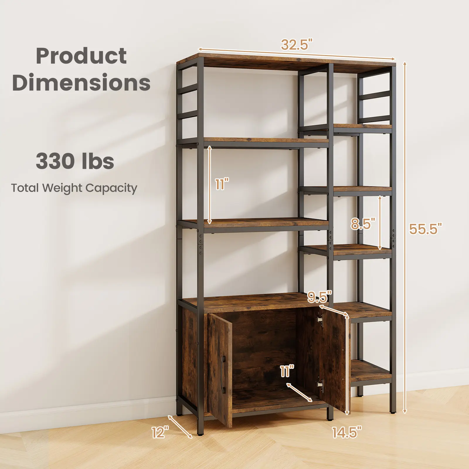 COSTWAY - Double Wide 8-Tier Bookshelf with 2-Door Cabinet for Living Room Home Office-Rustic Brown