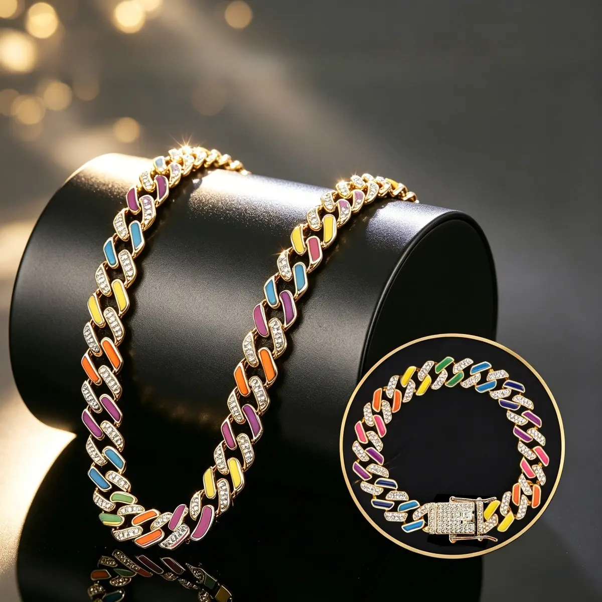 2pcs Hip-Hop Colorful Cuban Chain Colorful Grown Shaped Cuban Chain High End Easy Retro Gift Shines At Various Parties Nightclubs and Statement Necklace