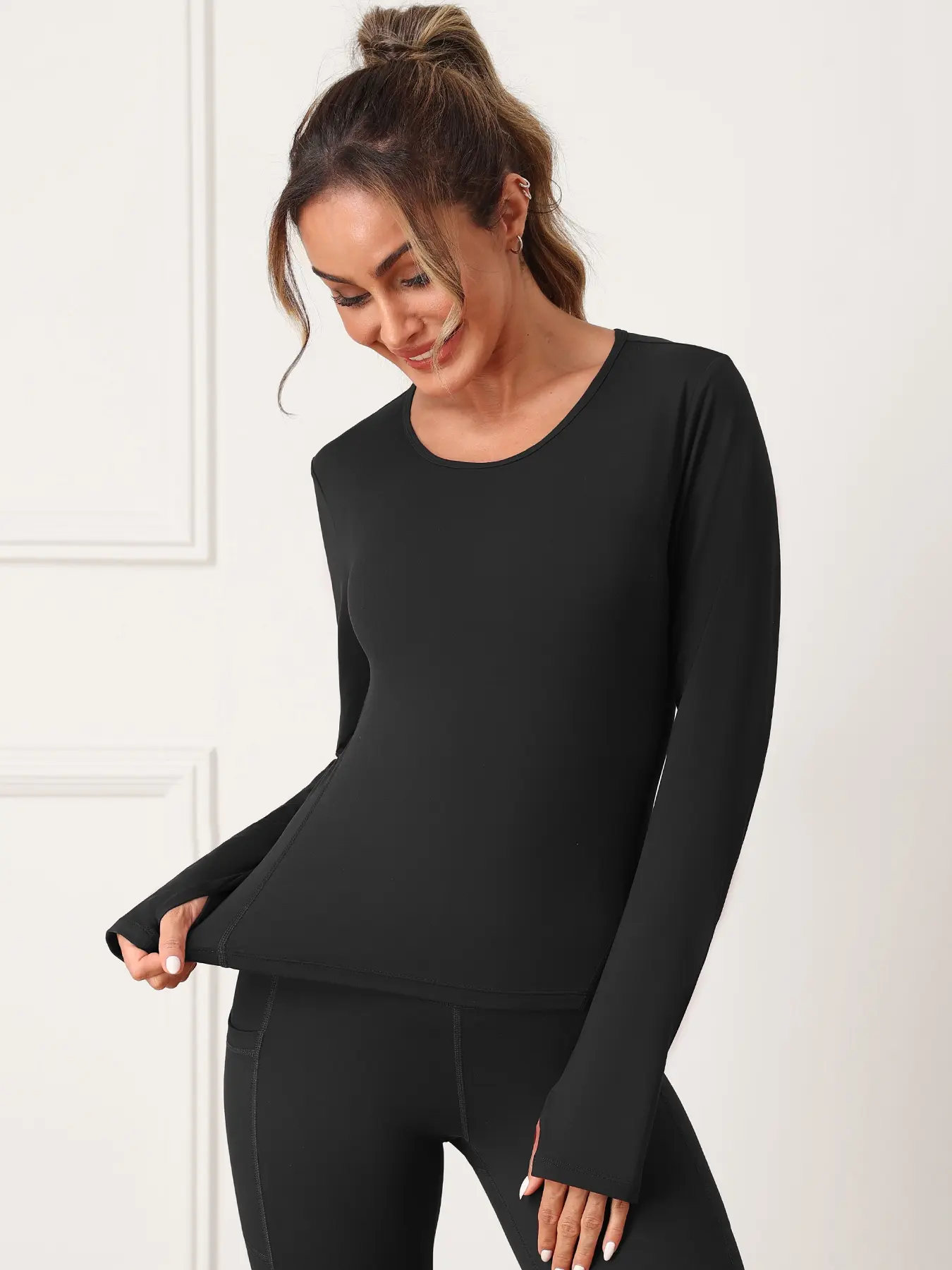Women's Sporty Long Sleeve Thumb Hole Sweatshirt, Fashionable Training & Casual Wear, Athletic Fashion Activewear, Tight-Fitting Kint Fabric, All Seasons, Active Top, Athletic Tops, Activewear Clothing