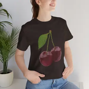 Cross Stitch Cherry Tee, Retro Pixel Art Fruit Shirt, Vintage Cottage core Style, Y2K Aesthetic T-Shirt, Cute Gift for Her