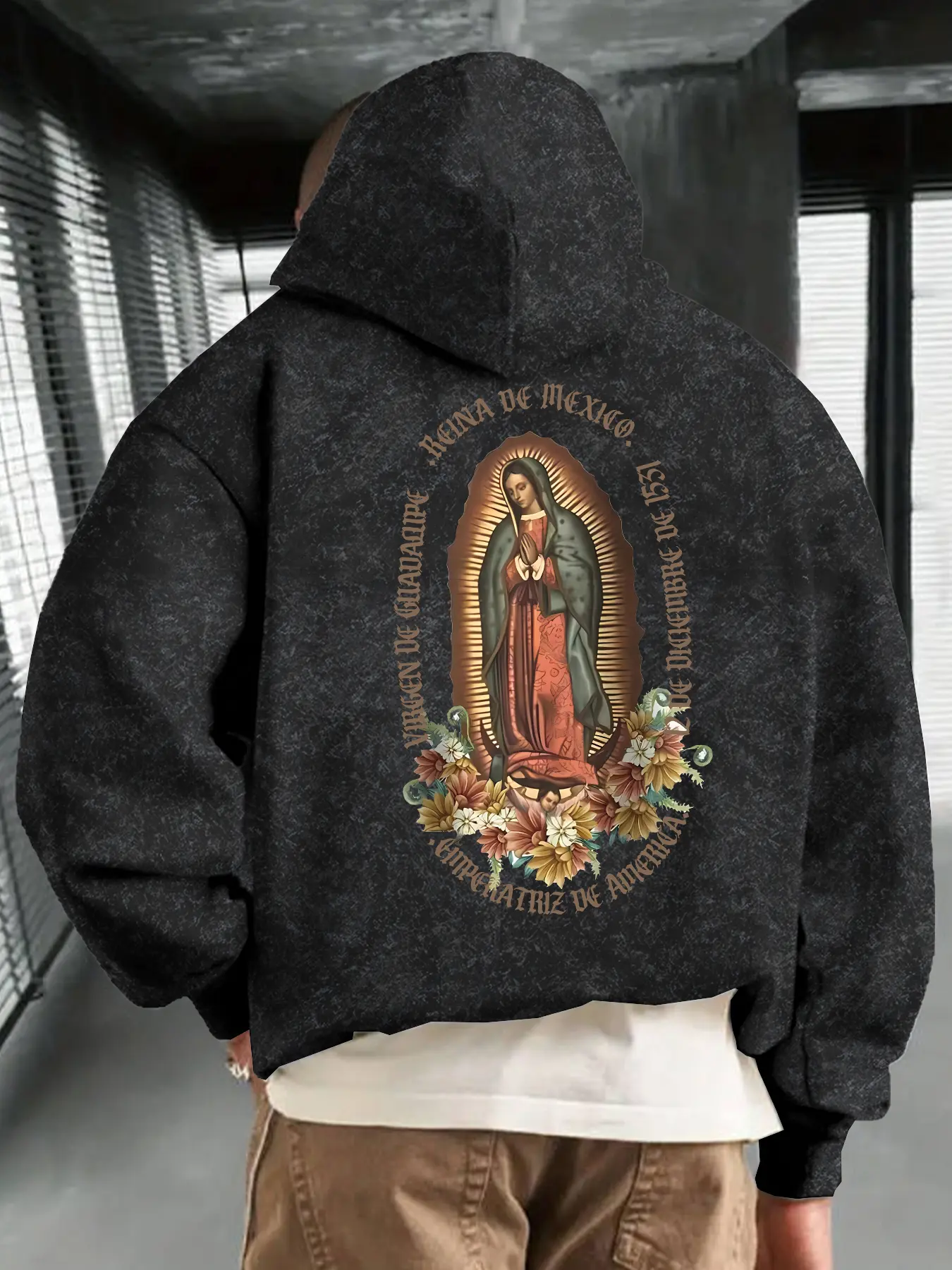 Men's Hooded Sweatshirt, Virgin Mary Print, Graphic Print Hoodie, Loose Fit Short Design, Casual Streetwear, Fall & Winter Fashion, Kint Fabric