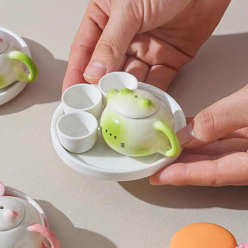 Mini Cat Ear Gongfu Tea Set - 1:2 Scale Miniature Functional Ceramic Teapot & Cups, Heat-Resistant for Actual Brewing, Super Cute Collectible
