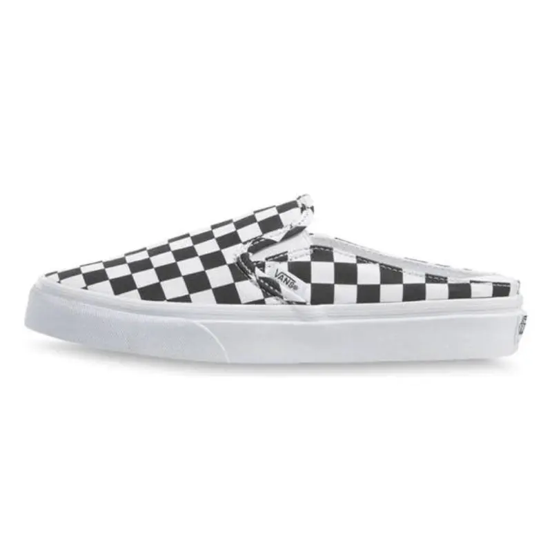 Women's Checkerboard Slip-On Mules - Low-Profile Canvas Casual Shoes with Padded Collar, Rubber Waffle Sole for Casual Walking, Walking Shoes, Elastic, Everyday Wear, Checked, Flexible, All Seasons, No Heel, Suede, Footwear, Design