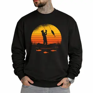 Fisherman Sunset Long Sleeve Sweatshirt – Casual Crew Neck with Geometric Pattern and Slight Stretch