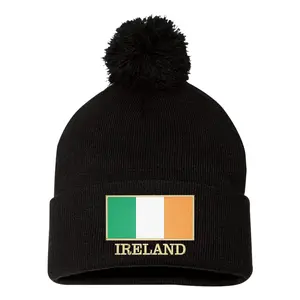 Ireland Flag With Classy Gold Trim Irish Pride Embroidered Knit Beanie Pom Cap
