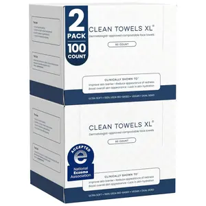 XL Disposable Face Towels, 100% USDA Biobased, Eczema Association Accepted, Cosmetic Makeup Remover Dry Wipes, Ultra Soft, 50 Ct Per Multi-Pack (2 Packs, 100 Ct Total)