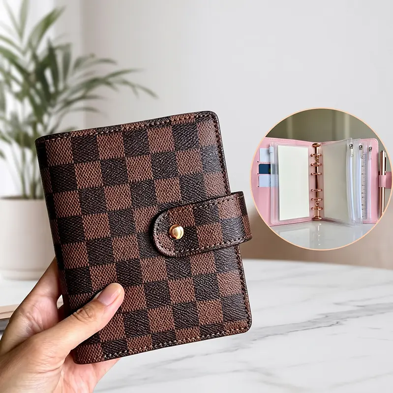 【Mini Binder Planner】A7 Budget Mini Binder Wallet Planner Notebook, Faux Leather Grid Diary, 45 Lined Pages, 6 Zipper Pockets, Multifunctional Spiral-Bound Academic Student Planner for Work, School and Logs, Office Planner