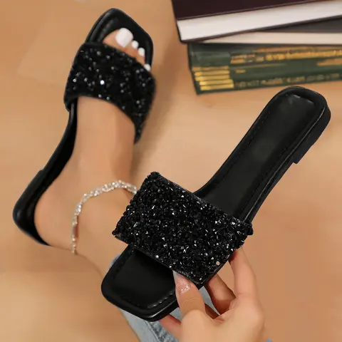 Women's Stylish Rhinestone Slippers for Casual Square Open Toe Flats for Summer Beach Indoor Outdoor