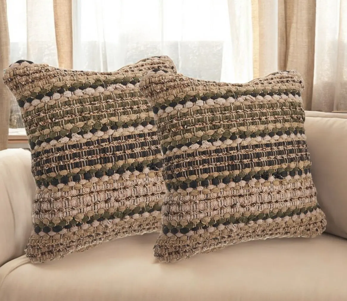 HomeRoots Bohemian Chic Hand Woven 2-Tone Chindi Rag Cotton Blend Throw Pillows (Set of 2) - 554585, 18x18in, Brown & Dark Green Striped, Hidden Zipper, for Couch Cushions, Cozy Bed Setup, Cozy Corner, Zippered, 18 X 18 In