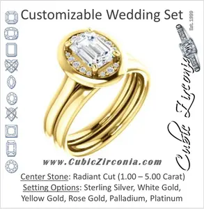CZ Wedding Set, featuring The Kajal engagement ring (Radiant Cut Tapered Faux Bezel Halo)