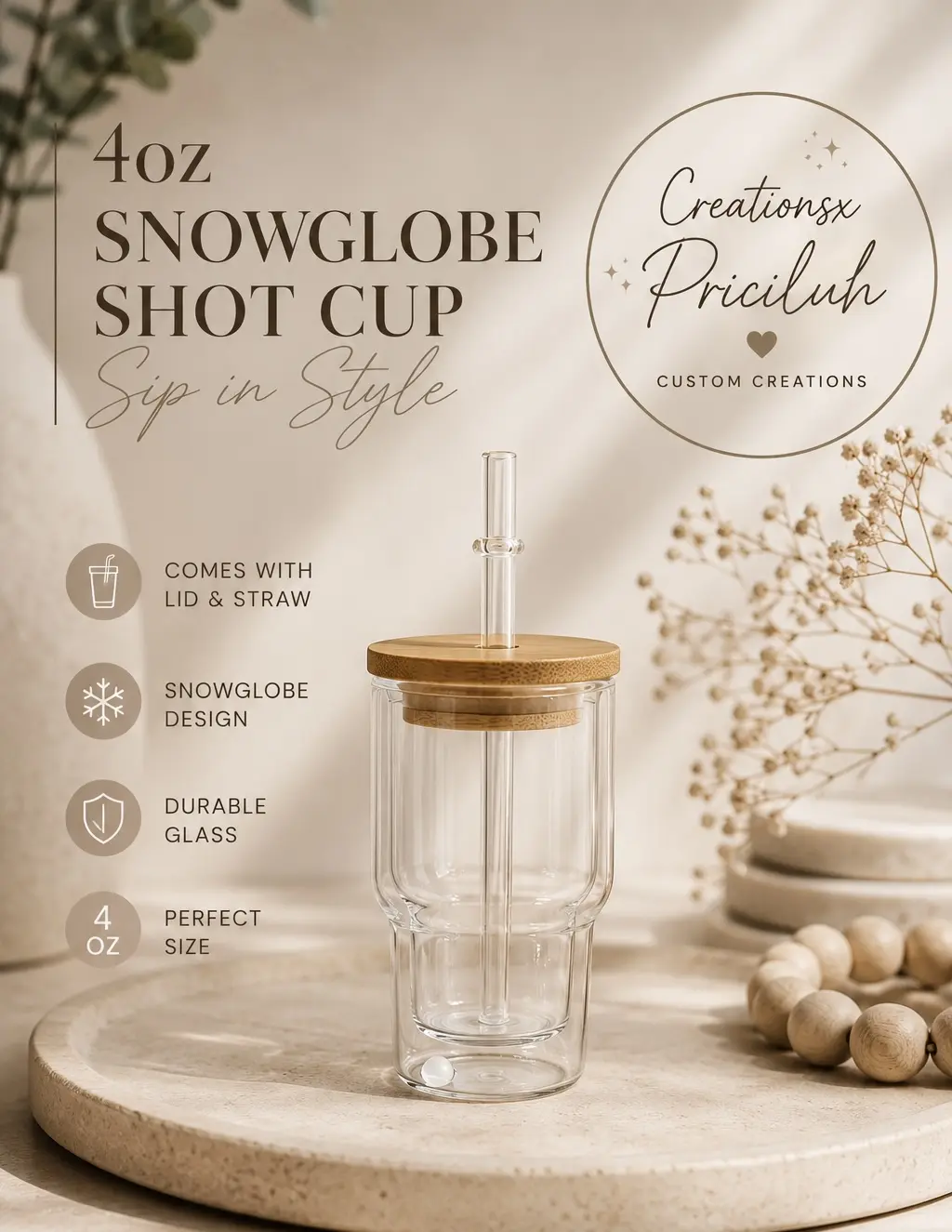 Creationsx Priciluh 4oz Snowglobe Shot Cup with Lid & Straw Durable Glass Perfect Size for Sipping in Style