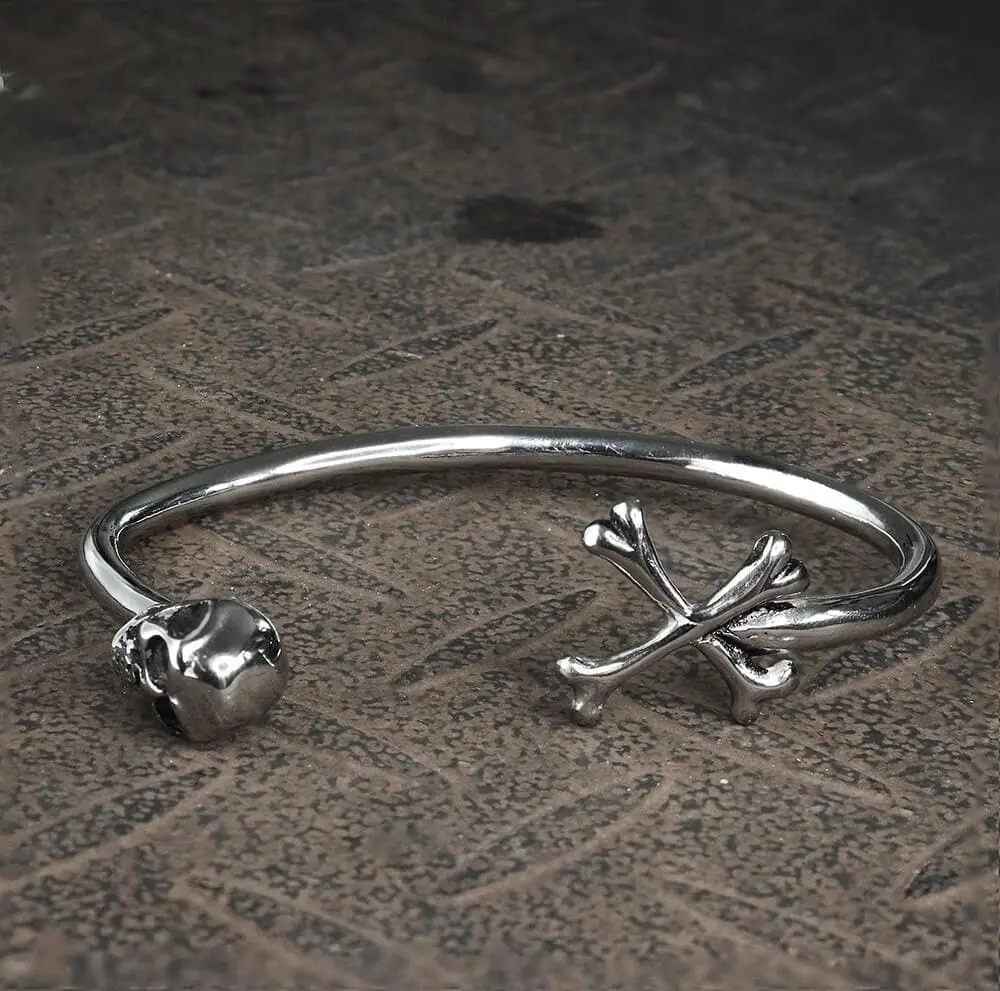 GTHIC Dark Skull and Crossbones Stainless Steel Open Bracelet Statement Jewelry for Men Daily Wear Biker Jewelry