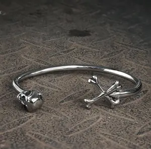 GTHIC Dark Skull and Crossbones Stainless Steel Open Bracelet Statement Jewelry for Men Daily Wear Biker Jewelry