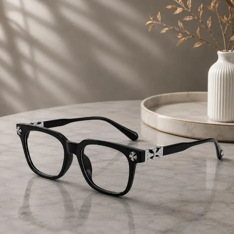 Chrome Hearts Gothic Cross-Shaped Eyeglasses Frame, Transparent Acrylic Frame, Cross & Floral Metal Detail